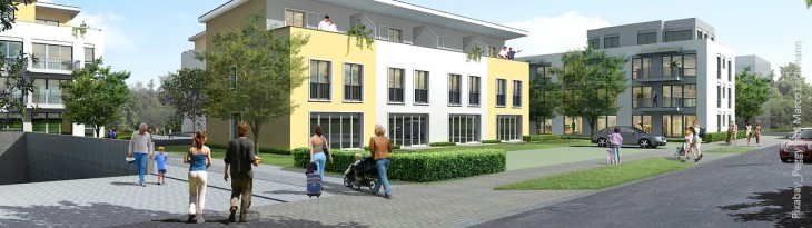 Menschen vor Häusern in Siedlung