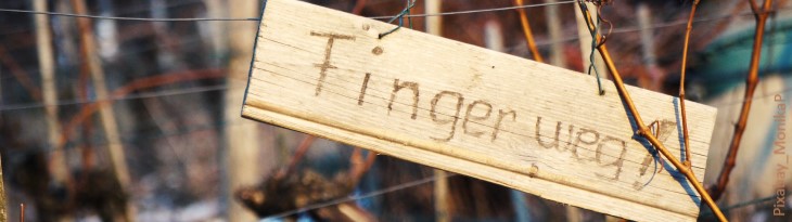 Holz-Schild "Finger weg" zwischen winterlichen Weinreben