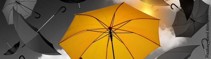 Gelber Regenschirm zwischen vielen grauen Regenschirmen